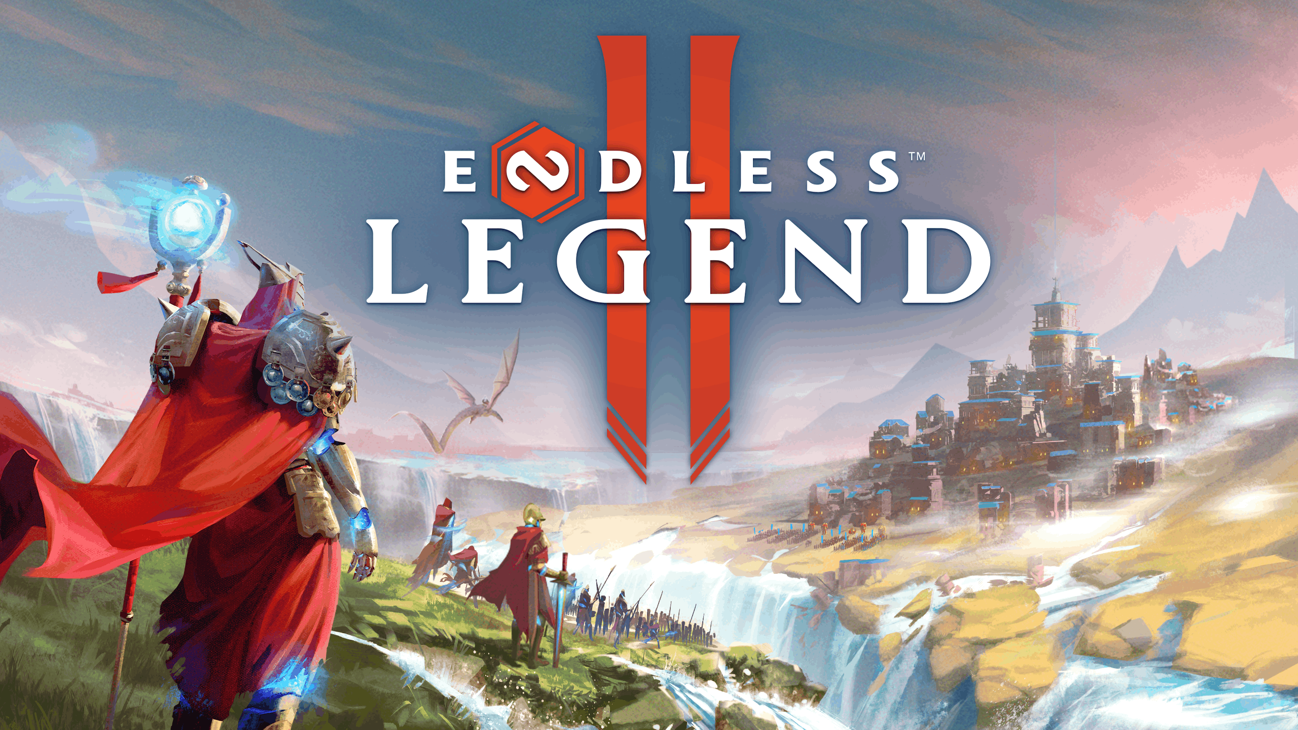 ENDLESS Legend 2 key art showing the red-caped hero, waterfalls and a fortified city