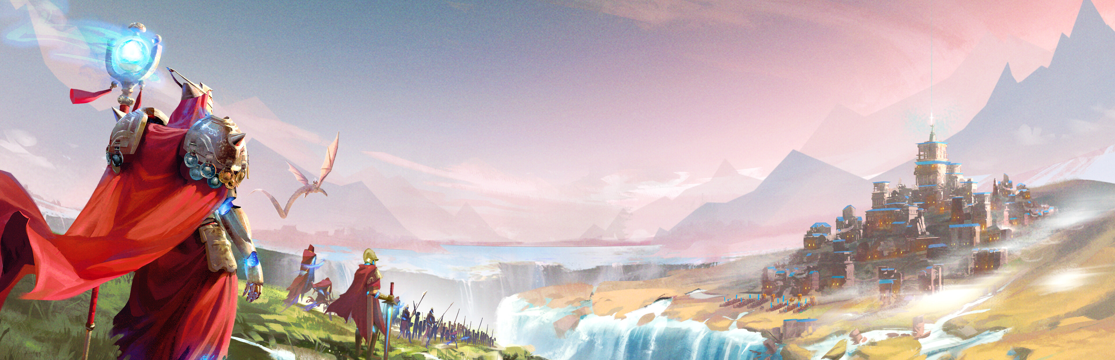 ENDLESS Legend 2 key art: an armoured hero overlooking waterfalls and a cliffside city on the ocean world of Saiadha
