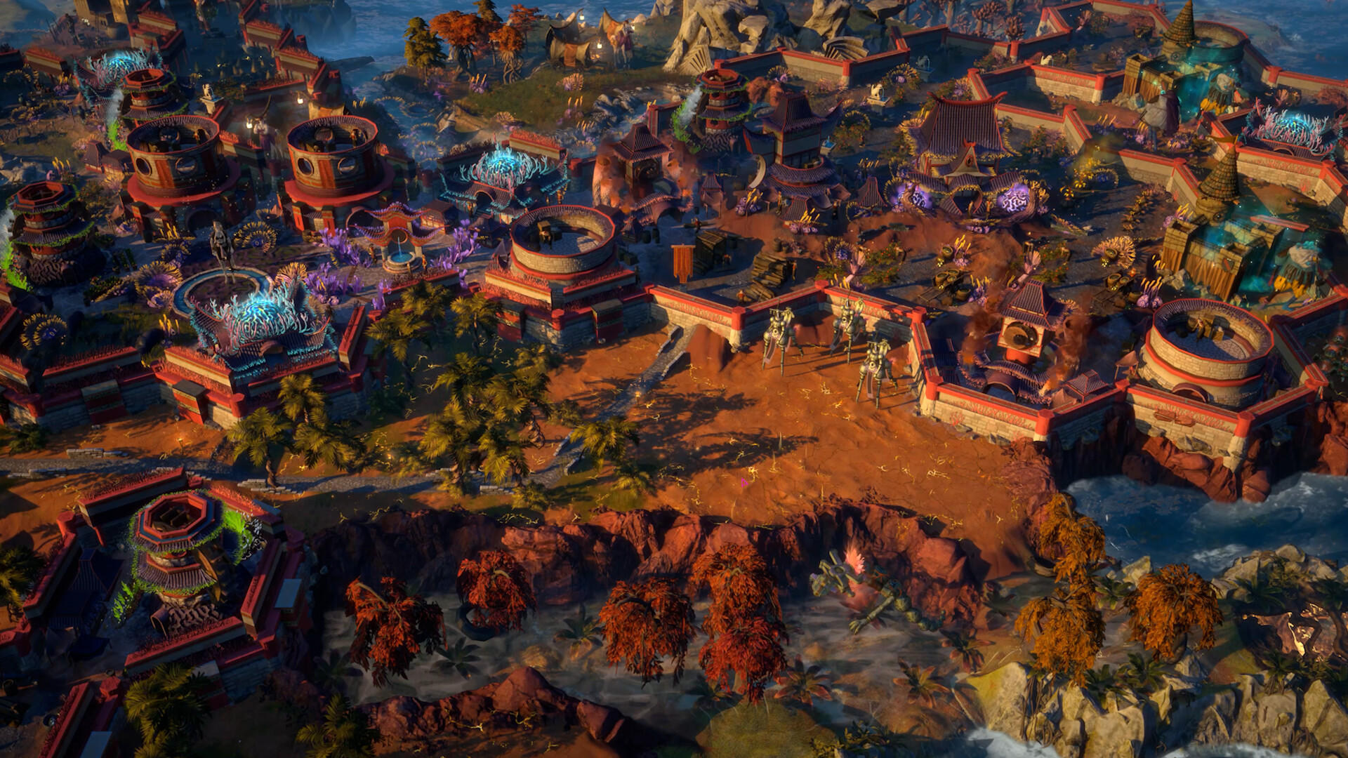 Cliffside city with red-roofed districts and towers