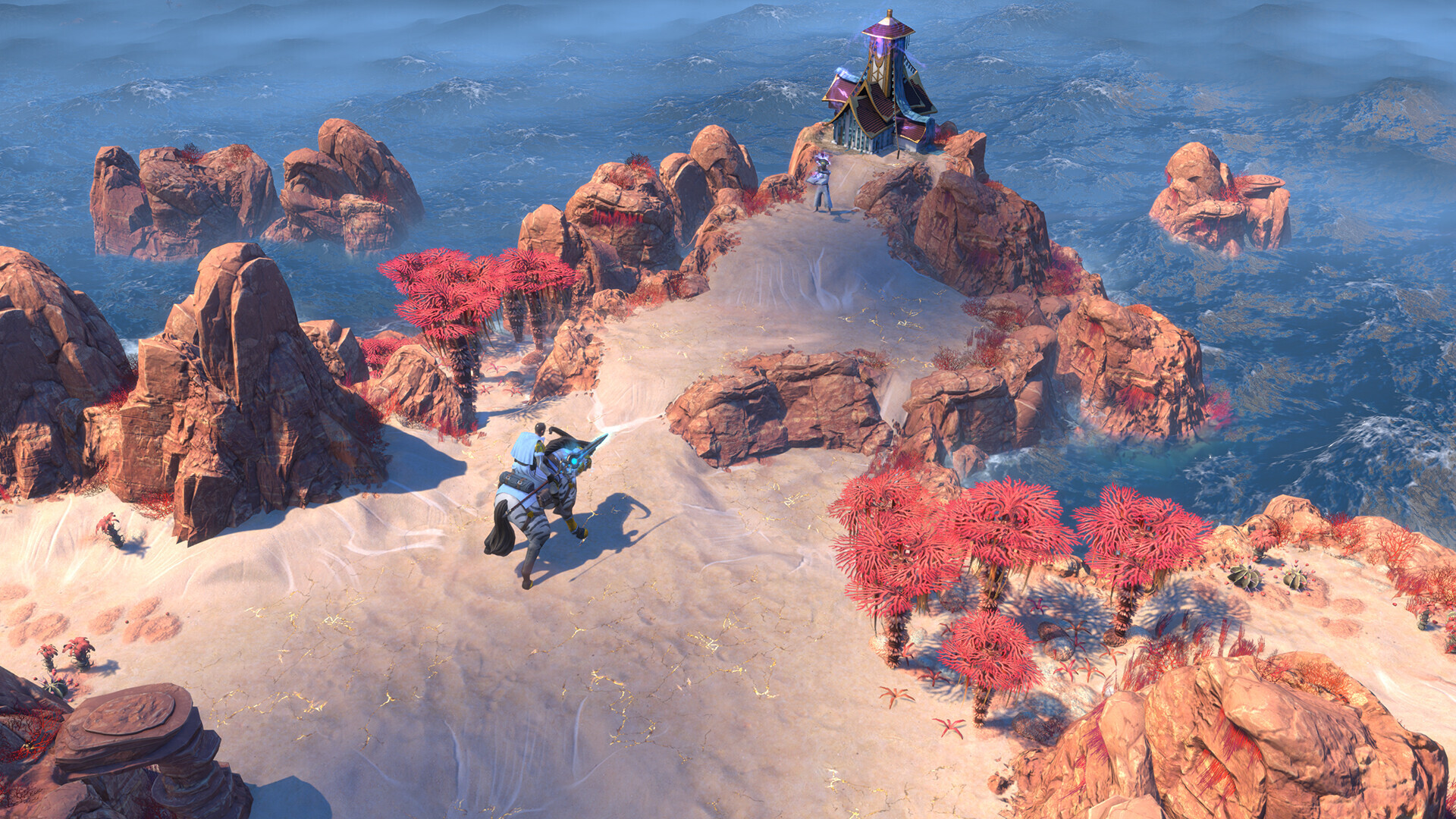 Mounted explorer riding past red rock formations on Saiadha