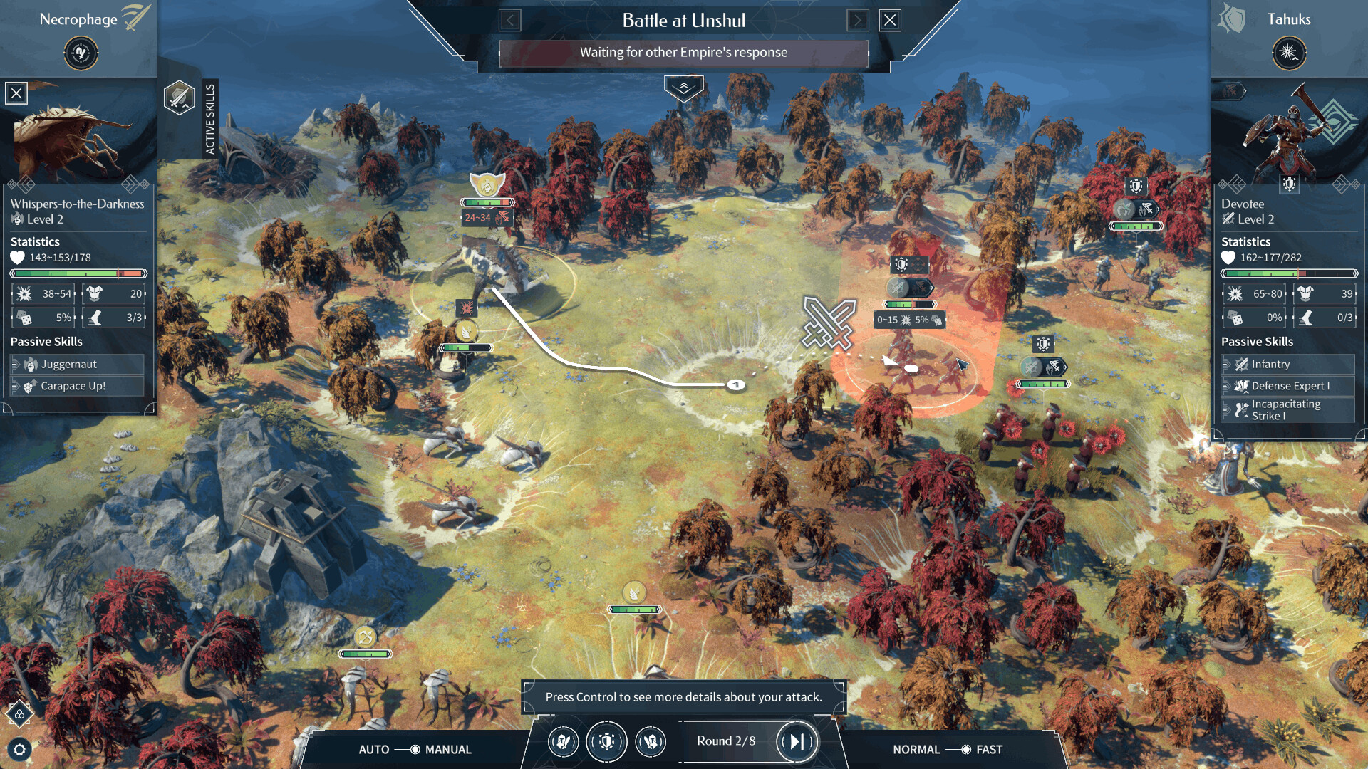 Tactical battle with unit panels and movement paths