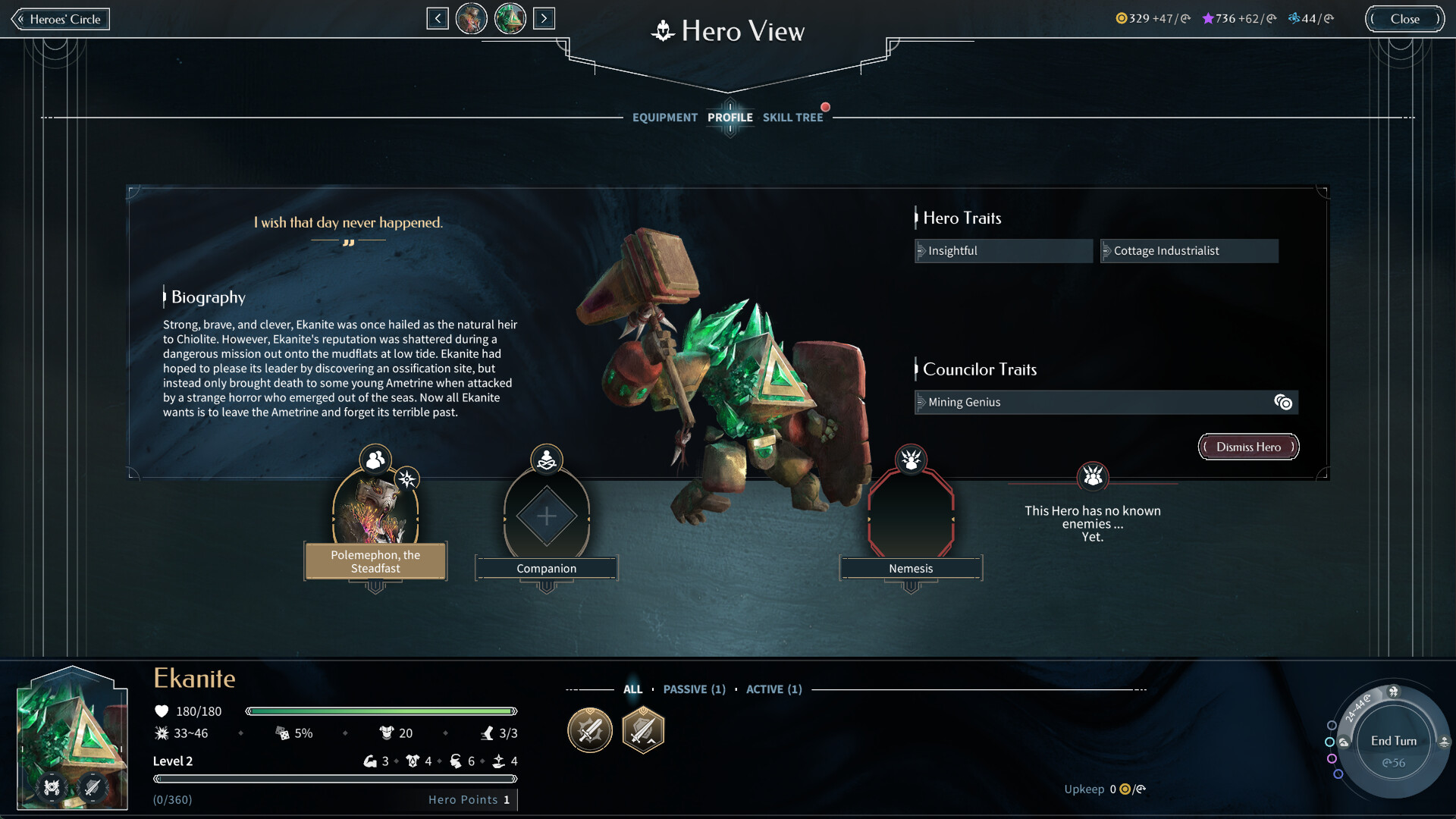 Hero screen with equipment, profile and skill tree tabs