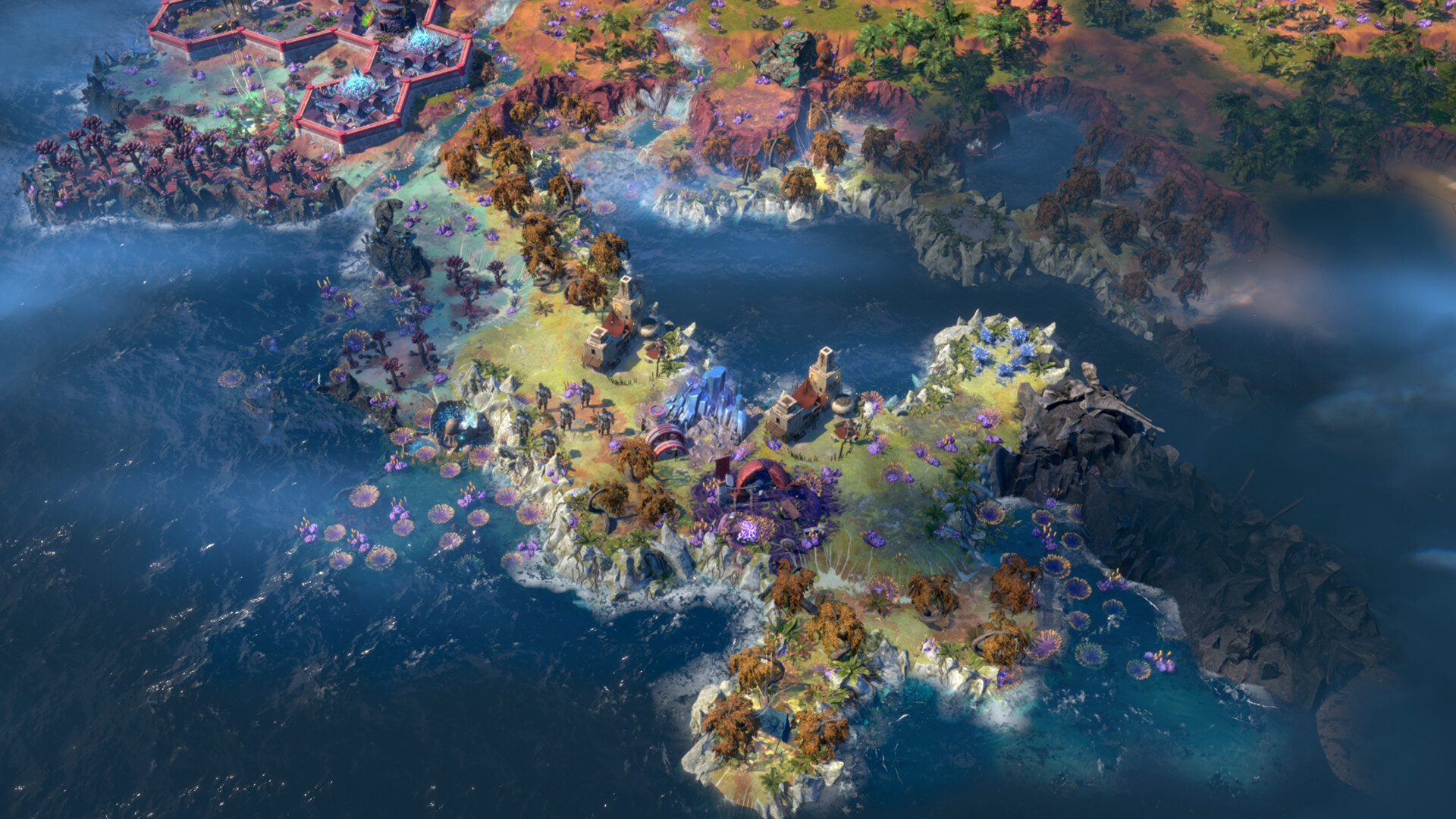 Island region surrounded by ocean, seen from above